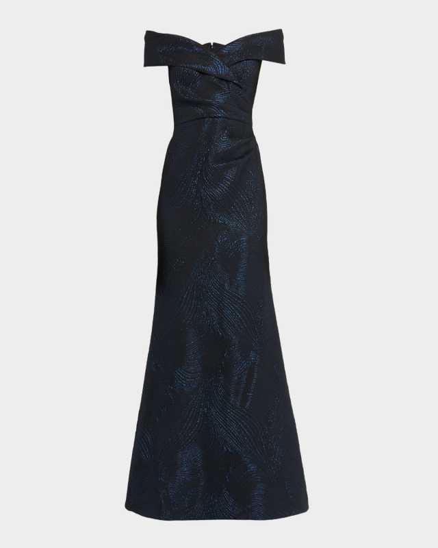 Off-Shoulder Metallic Jacquard Gown
